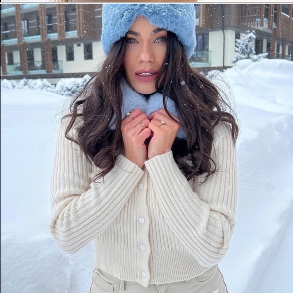 Zara * faux fur knit cardigan Cream Blue - Picture 10 of 15